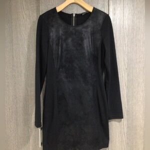 Long Sleeve Black Suede-Front Sheath Dress